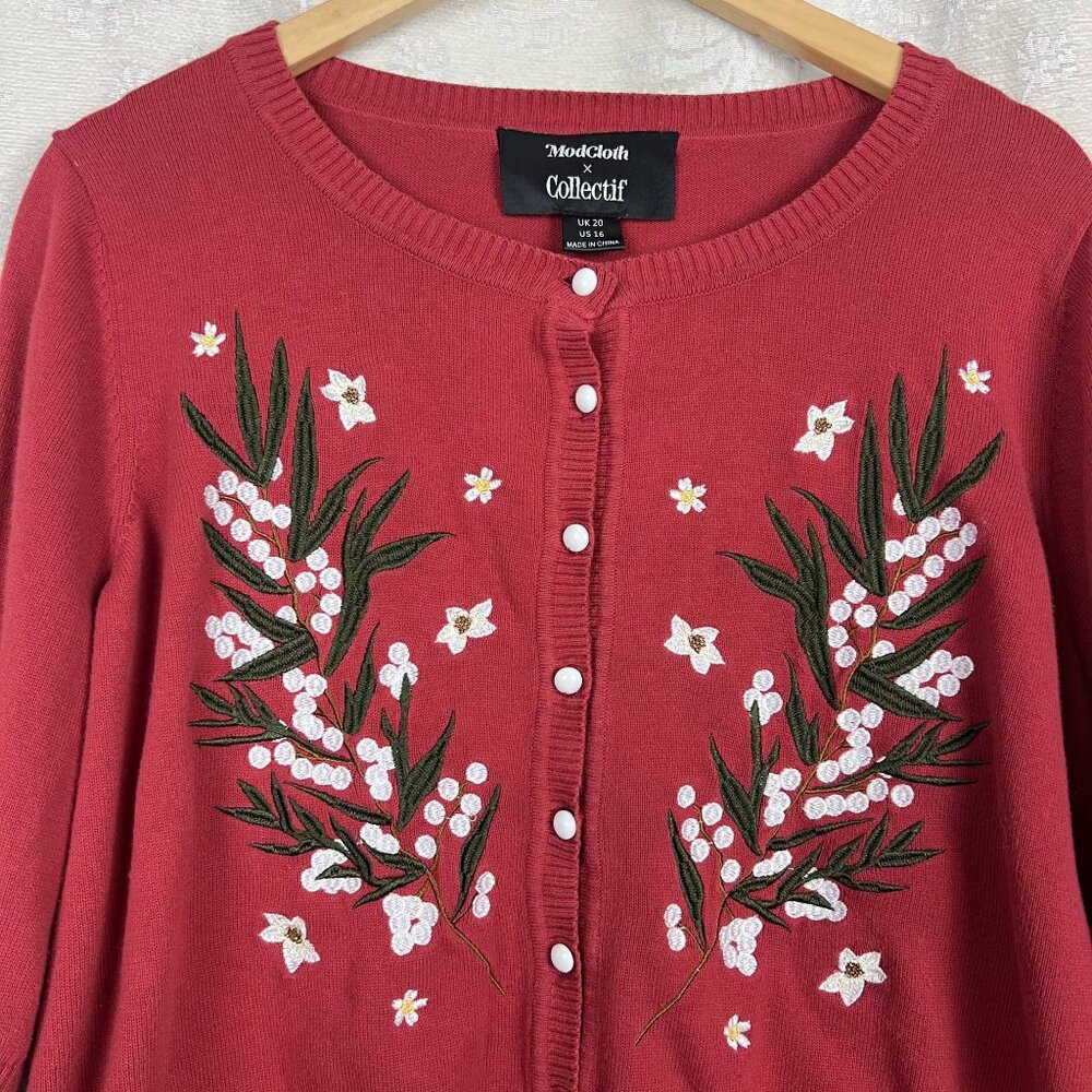 Modcloth x Collectif embroidered cropped cardigan sweater cotton retro pinup - Picture 3 of 9